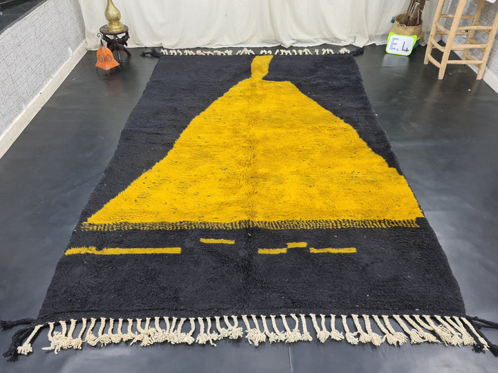 MOROCCAN HANDMADE RUG, Black and Mustard Beni Ourain Rug, Abstract Mustard Rug, Berber Rug, Handwoven Rug, Area Wool Rug, Bohemian Carpet