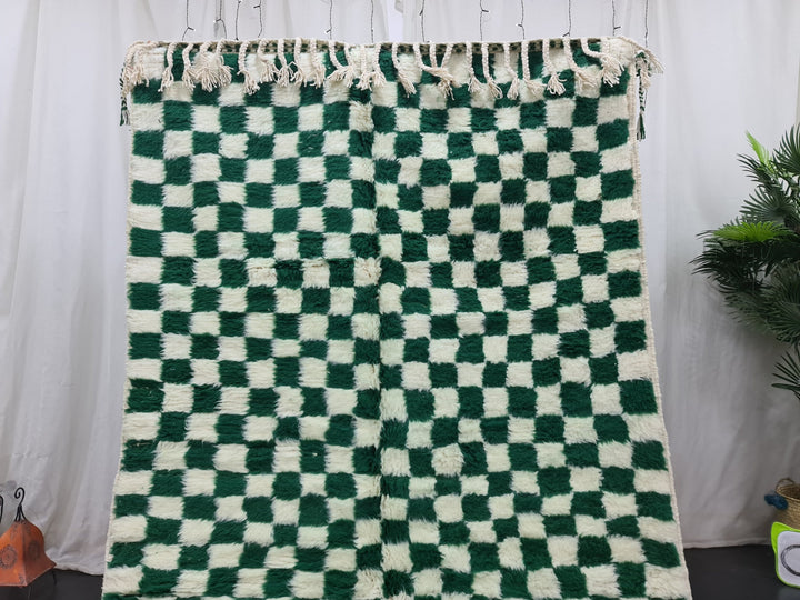 Gorgeous Beni Ourain Rug, Moroccan Handmade Carpet, Green and White Rug, Tribal WoolRug, Berber Rug, Checkered Rug, Tapis berbere