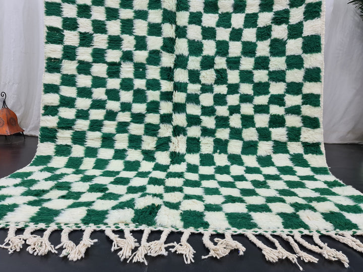 Gorgeous Beni Ourain Rug, Moroccan Handmade Carpet, Green and White Rug, Tribal WoolRug, Berber Rug, Checkered Rug, Tapis berbere