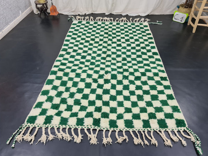 Gorgeous Beni Ourain Rug, Moroccan Handmade Carpet, Green and White Rug, Tribal WoolRug, Berber Rug, Checkered Rug, Tapis berbere