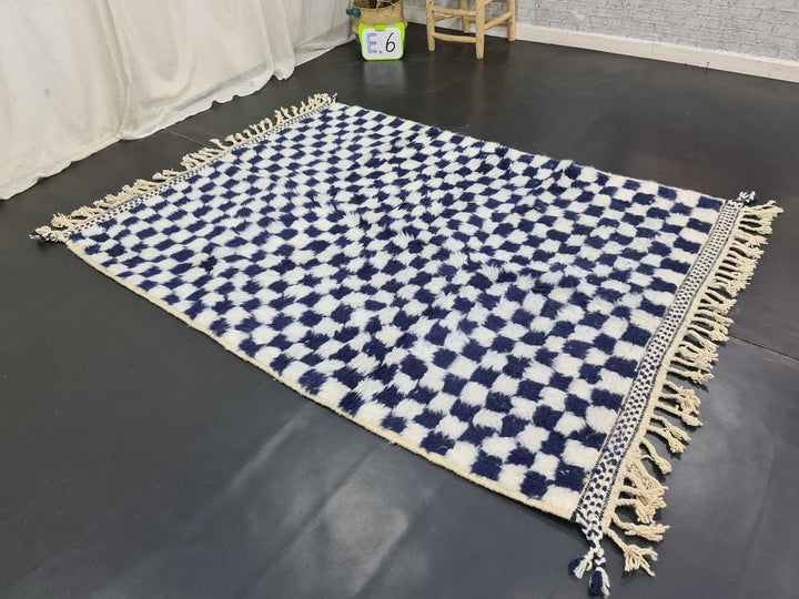 MOROCCAN BENIOURAIN RUG, Blue Marine And white Rug, Checkered Rug, Berber Wool Rug, Bohemian Rug, Area Rug, Handmade Rug, Moroccan Carpet .