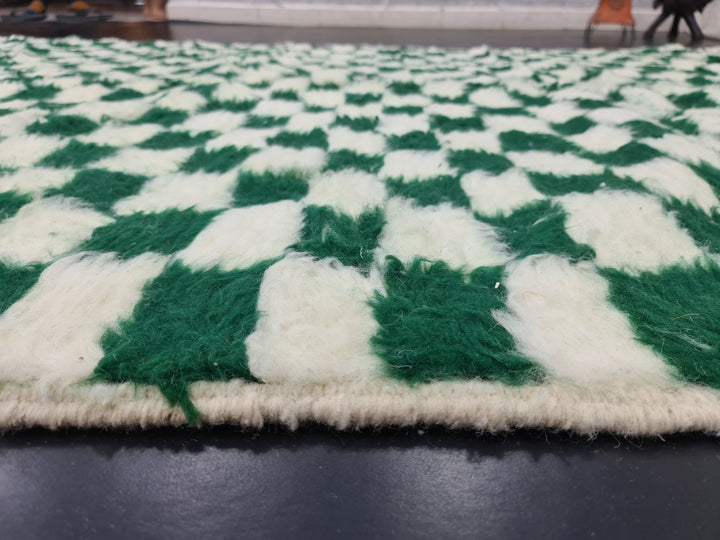 Beni Ourain Rug  Checkered Rug Moroccan White and Green Carpet Handmade Authentic Carpet Sheep Wool Rug Berber Rug  Tapis Marocain