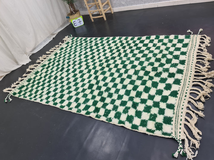 Beni Ourain Rug  Checkered Rug Moroccan White and Green Carpet Handmade Authentic Carpet Sheep Wool Rug Berber Rug  Tapis Marocain