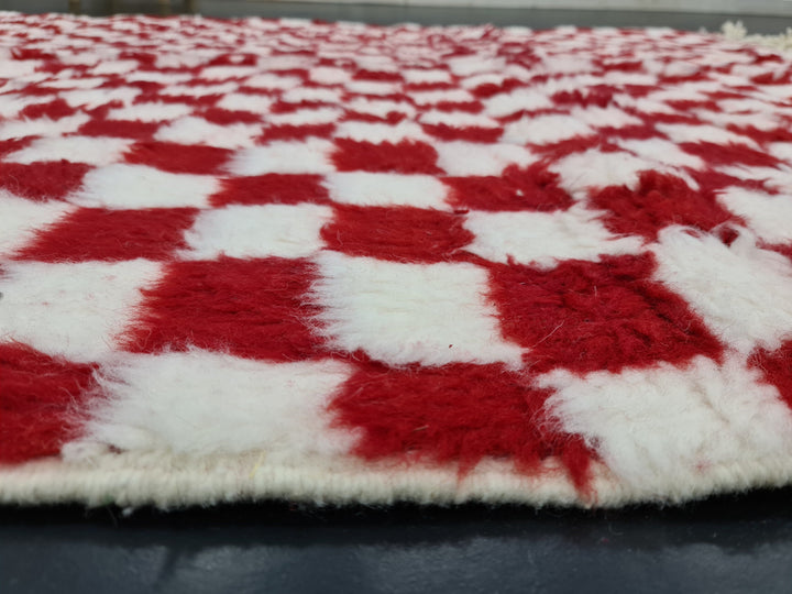 Gorgeous Beni Ourain Rug, Moroccan Handmade Carpet, Tribal White and Red Rug, Berber Wool Rug, Checkered Rug, Tapis berbere