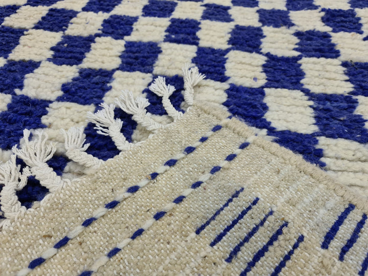 . feet . feet new Moroccan Berber shaggy runner rug Blue and white Wool Checkered runner rug