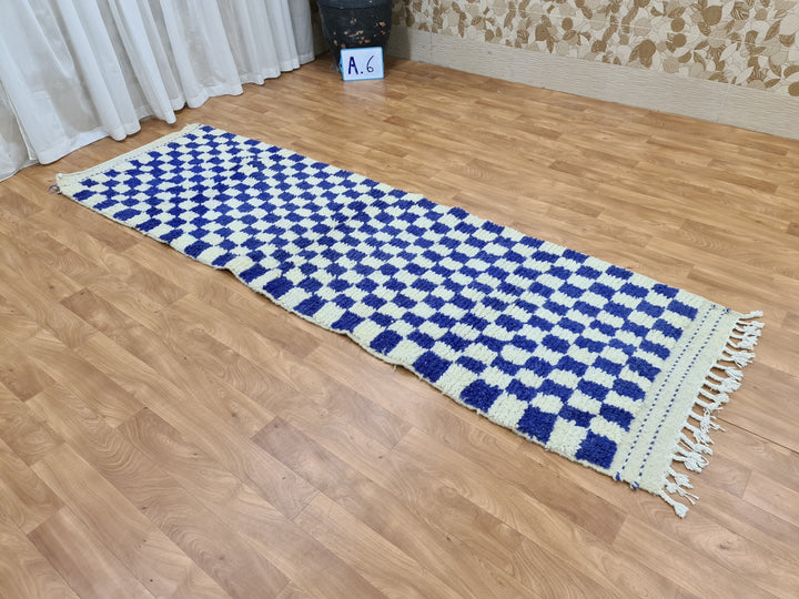 . feet . feet new Moroccan Berber shaggy runner rug Blue and white Wool Checkered runner rug