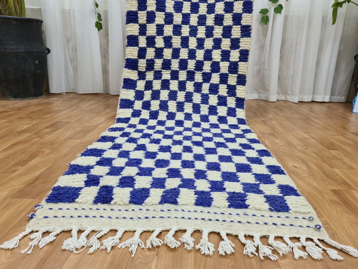 . feet . feet new Moroccan Berber shaggy runner rug Blue and white Wool Checkered runner rug