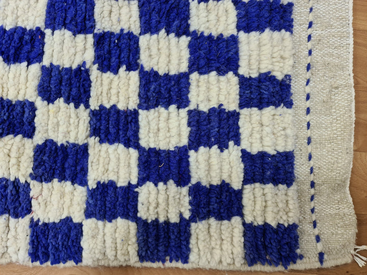 . feet . feet new Moroccan Berber shaggy runner rug Blue and white Wool Checkered runner rug