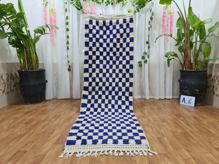 . feet . feet new Moroccan Berber shaggy runner rug Blue and white Wool Checkered runner rug