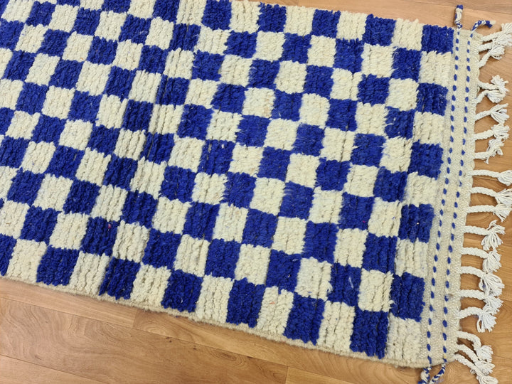 . feet . feet new Moroccan Berber shaggy runner rug Blue and white Wool Checkered runner rug