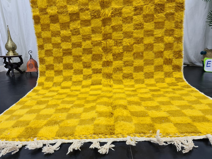 Beni Ourain Rug  Checkered Rug Moroccan Yellow and Cumin Carpet Handmade Authentic Carpet Sheep Wool Rug Berber Symbols Tapis Marocain