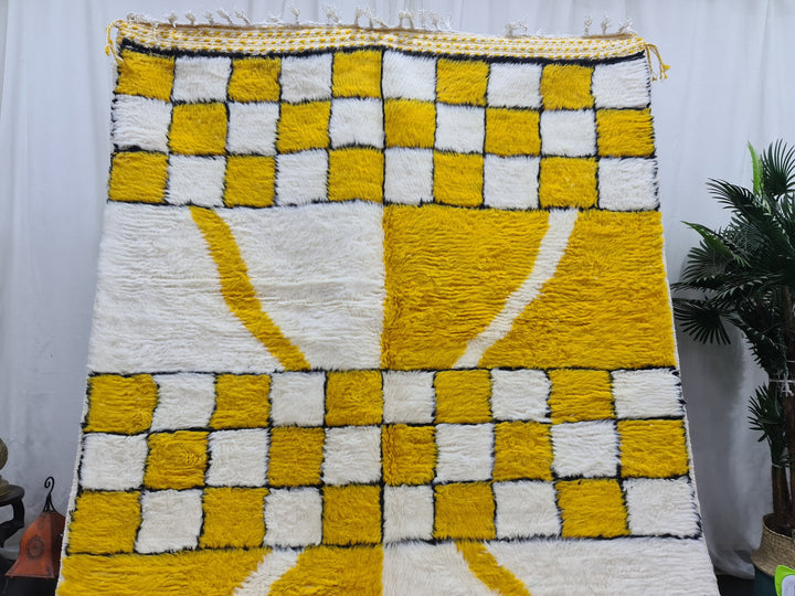 Abstract Moroccan Carpet, White and Yolk Yellow Rug, Beni Ouarain Rug, Authentic Wool, Berber Rug, Checker Rug, Handmade Rug,Teppish Marokko