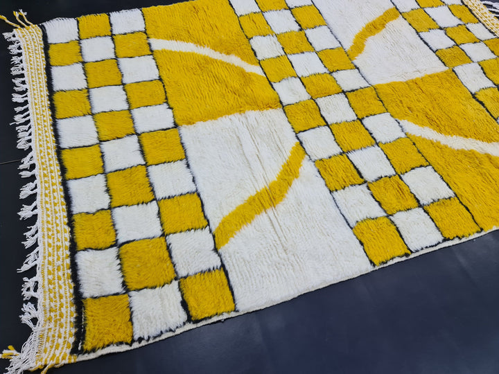 Abstract Moroccan Carpet, White and Yolk Yellow Rug, Beni Ouarain Rug, Authentic Wool, Berber Rug, Checker Rug, Handmade Rug,Teppish Marokko