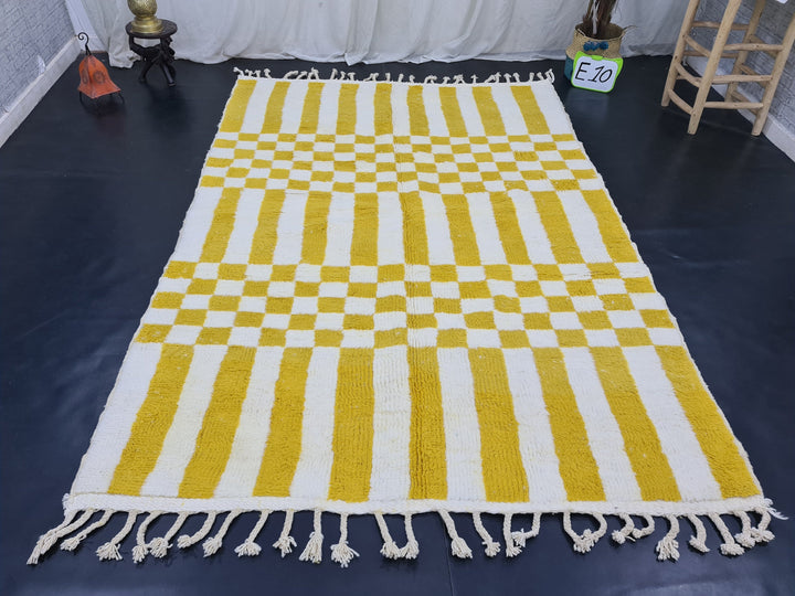 Checkered Moroccan Rug, Handmade Beni Ourain Rug, Authentic Moroccan Rug, Azilal Rug, Berber Rug, White and Yellow Wool,Bohemian rug