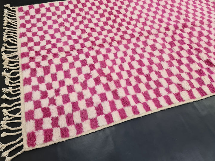 Beni Ourain Handmade Rug, Moroccan Rug, Berber Rug, Beniourain Tribal carpet, Azilal Rug, White and Pink Rug, Checker Rug, Tapis Marocain