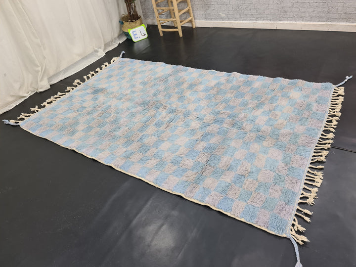 Handmade Beni Ourain Rug, Moroccan Carpet, Check Rug, Blue and Gray Rug, Berber Wool Rug, Checkered Rug, Tapis berbere, Teppish Marokko.