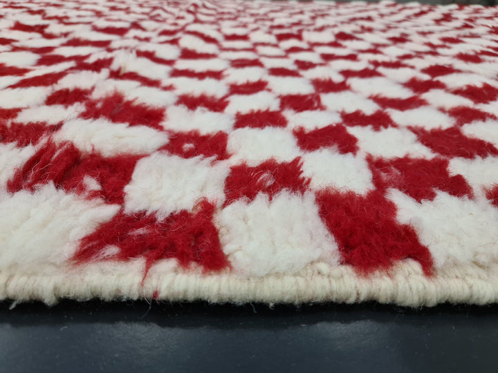 Fabulous Beni Ourain Rug, Moroccan White and Red Rug, Sheep Wool Rug, Check Carpet, Handmade Rug, Sheep Wool Rug, Scandinavian Carpet.