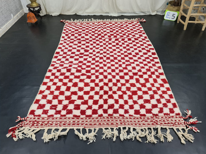 Fabulous Beni Ourain Rug, Moroccan White and Red Rug, Sheep Wool Rug, Check Carpet, Handmade Rug, Sheep Wool Rug, Scandinavian Carpet.