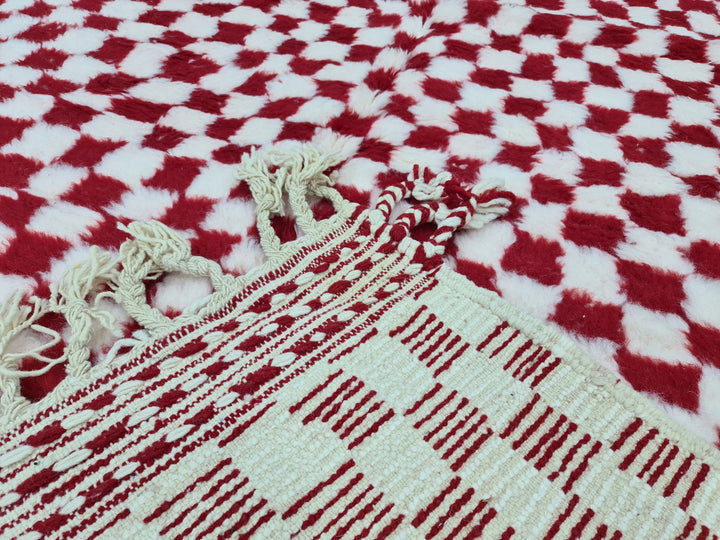 Fabulous Beni Ourain Rug, Moroccan White and Red Rug, Sheep Wool Rug, Check Carpet, Handmade Rug, Sheep Wool Rug, Scandinavian Carpet.