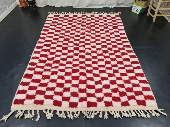 Gorgeous Beni Ourain Rug, Moroccan Handmade Rug, Check Rug, Sheep Wool Rug, White and Red Rug, Berber Rug, Checkered Rug, Tapis berbere