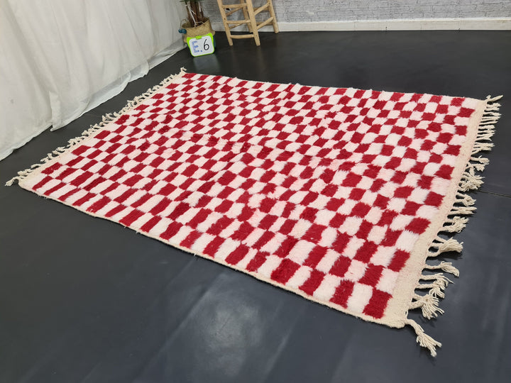 Gorgeous Beni Ourain Rug, Moroccan Handmade Rug, Check Rug, Sheep Wool Rug, White and Red Rug, Berber Rug, Checkered Rug, Tapis berbere