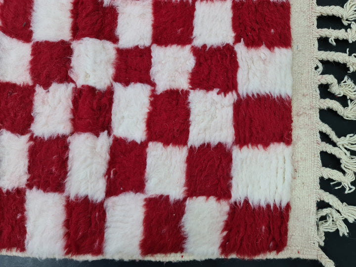 Gorgeous Beni Ourain Rug, Moroccan Handmade Rug, Check Rug, Sheep Wool Rug, White and Red Rug, Berber Rug, Checkered Rug, Tapis berbere