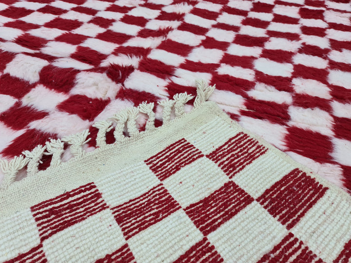 Gorgeous Beni Ourain Rug, Moroccan Handmade Rug, Check Rug, Sheep Wool Rug, White and Red Rug, Berber Rug, Checkered Rug, Tapis berbere