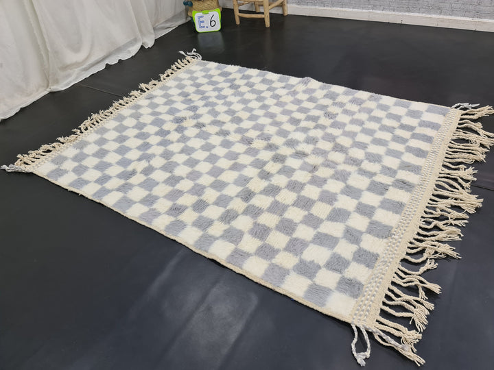 Moroccan Handmade Carpet, White and Gray Beni Ourain Rug, Tribal Checkered Rug, Authentic Berber Rug, Sheep Wool Rug, Teppish Marokko.