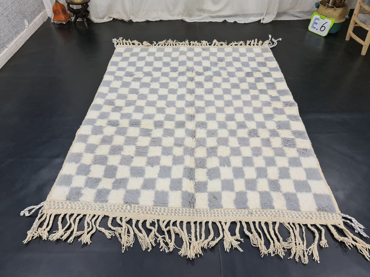 Moroccan Handmade Carpet, White and Gray Beni Ourain Rug, Tribal Checkered Rug, Authentic Berber Rug, Sheep Wool Rug, Teppish Marokko.