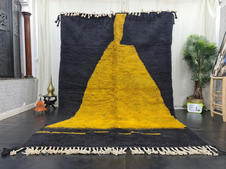 MOROCCAN HANDMADE RUG, Black and Mustard Beni Ourain Rug, Abstract Mustard Rug, Berber Rug, Handwoven Rug, Area Wool Rug, Bohemian Carpet