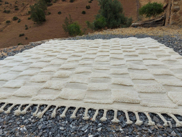 Customized Moroccan checkered rug, Mrirt rug, Beniouarain rug, White rug , Scandinavian style, Shaggy rug, Wool rug, Premium quality rug