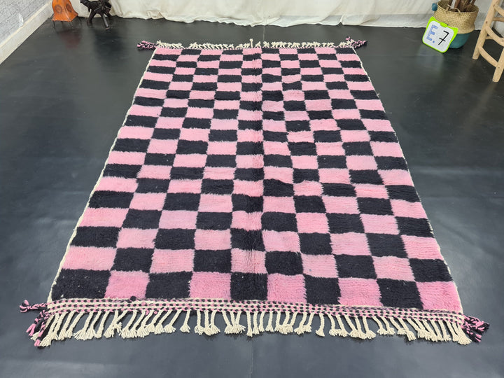 Beni Ourain Handmade Rug, Moroccan Rug, Berber Rug, Beniourain Tribal carpet, Azilal Rug, Pink and Black Rug, Checker Rug, Tapis Marocain