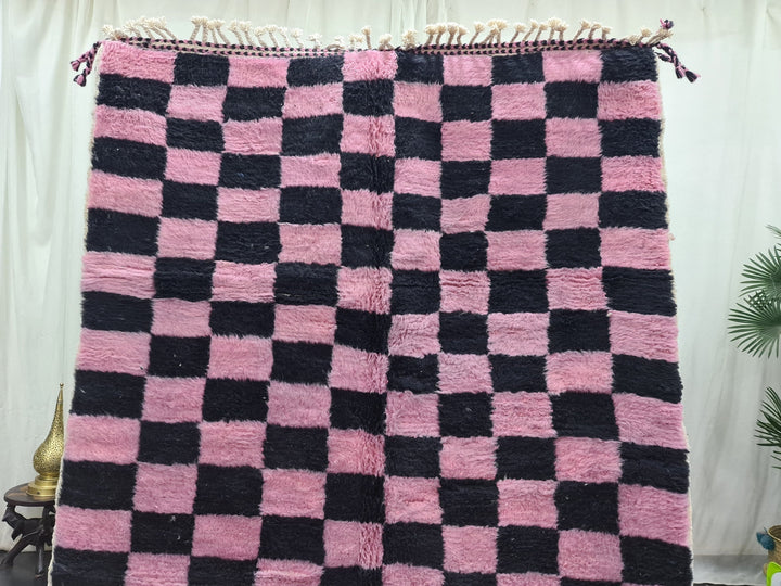 Beni Ourain Handmade Rug, Moroccan Rug, Berber Rug, Beniourain Tribal carpet, Azilal Rug, Pink and Black Rug, Checker Rug, Tapis Marocain