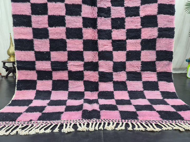 Beni Ourain Handmade Rug, Moroccan Rug, Berber Rug, Beniourain Tribal carpet, Azilal Rug, Pink and Black Rug, Checker Rug, Tapis Marocain