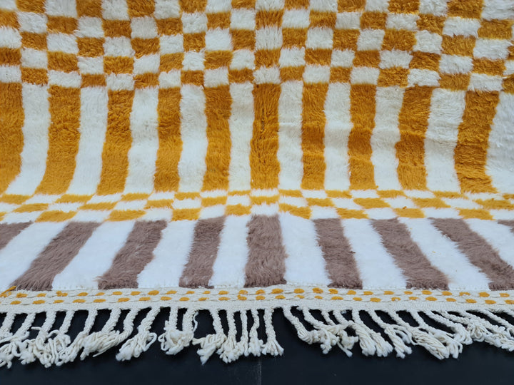 Checkered Beni Ourain Rug, Moroccan Handmade Carpet, Sheep Wool Rug, Berber Rug, Authentic Rug, Tapis berbere, White, Brown and Yellow Rug.