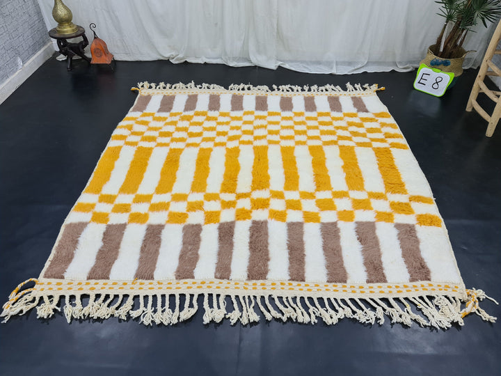 Checkered Beni Ourain Rug, Moroccan Handmade Carpet, Sheep Wool Rug, Berber Rug, Authentic Rug, Tapis berbere, White, Brown and Yellow Rug.