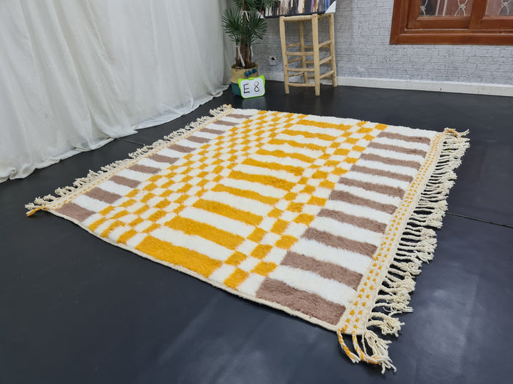 Checkered Beni Ourain Rug, Moroccan Handmade Carpet, Sheep Wool Rug, Berber Rug, Authentic Rug, Tapis berbere, White, Brown and Yellow Rug.