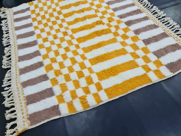 Checkered Beni Ourain Rug, Moroccan Handmade Carpet, Sheep Wool Rug, Berber Rug, Authentic Rug, Tapis berbere, White, Brown and Yellow Rug.