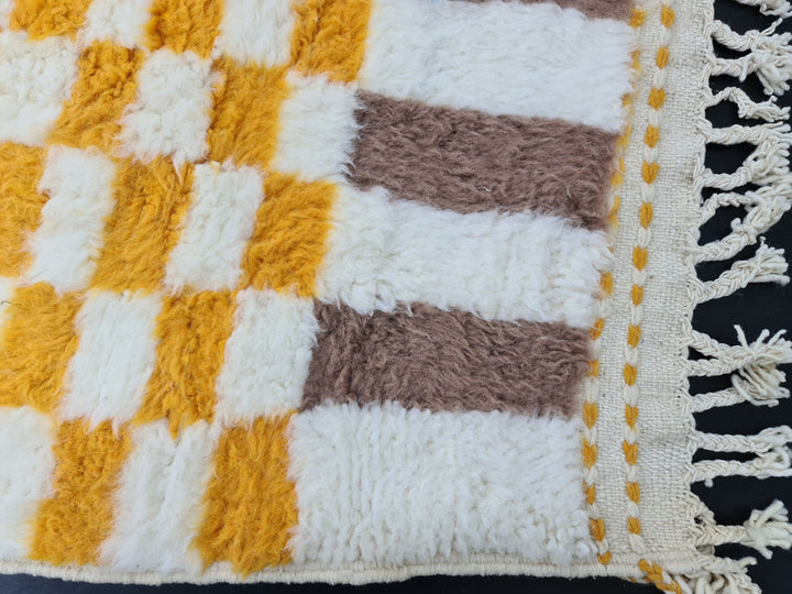 Checkered Beni Ourain Rug, Moroccan Handmade Carpet, Sheep Wool Rug, Berber Rug, Authentic Rug, Tapis berbere, White, Brown and Yellow Rug.