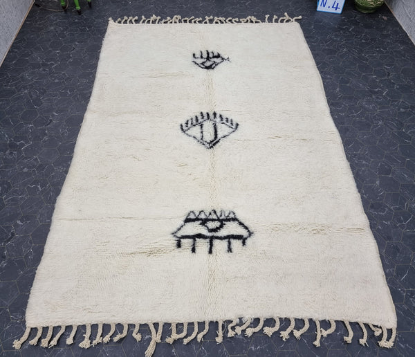 ARTISTIC BENIOURAIN RUG, Abstract Moroccan Rug, Handmade Wool Rug, Plain Rug, White  Black Rug, Amazigh symbols Rug, Bohemian Rug, Area Rug