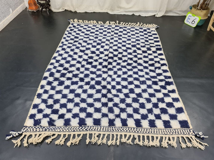 MOROCCAN BENIOURAIN RUG, Blue Marine And white Rug, Checkered Rug, Berber Wool Rug, Bohemian Rug, Area Rug, Handmade Rug, Moroccan Carpet .