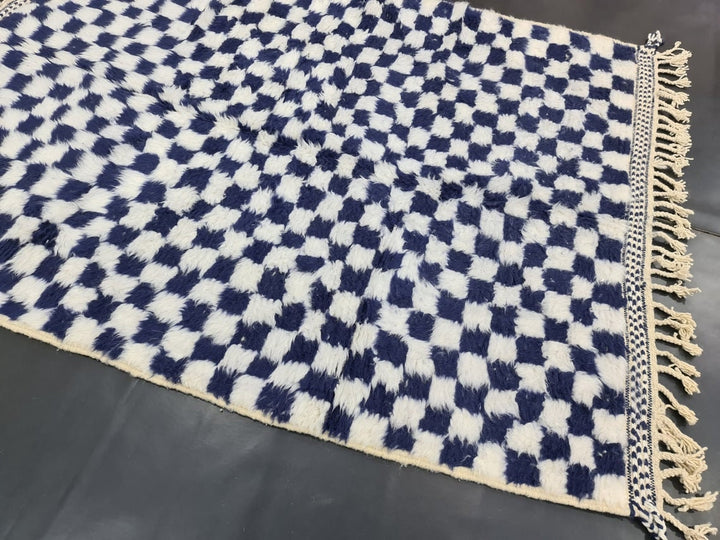 MOROCCAN BENIOURAIN RUG, Blue Marine And white Rug, Checkered Rug, Berber Wool Rug, Bohemian Rug, Area Rug, Handmade Rug, Moroccan Carpet .