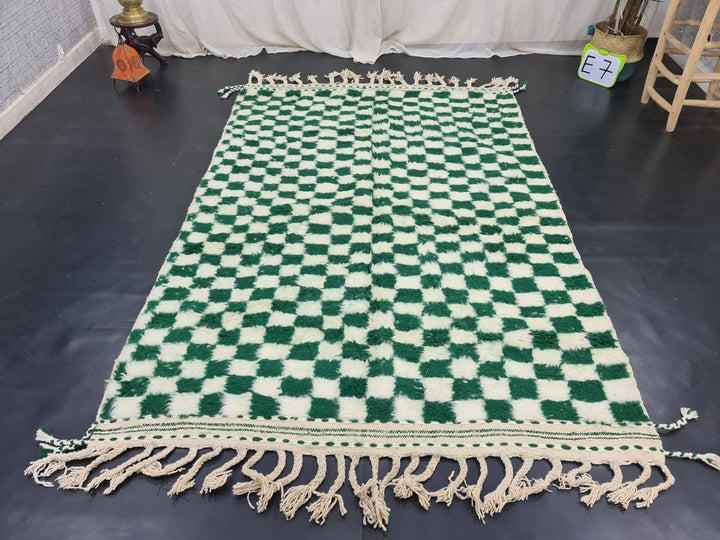 Beni Ourain Rug  Checkered Rug Moroccan White and Green Carpet Handmade Authentic Carpet Sheep Wool Rug Berber Rug  Tapis Marocain