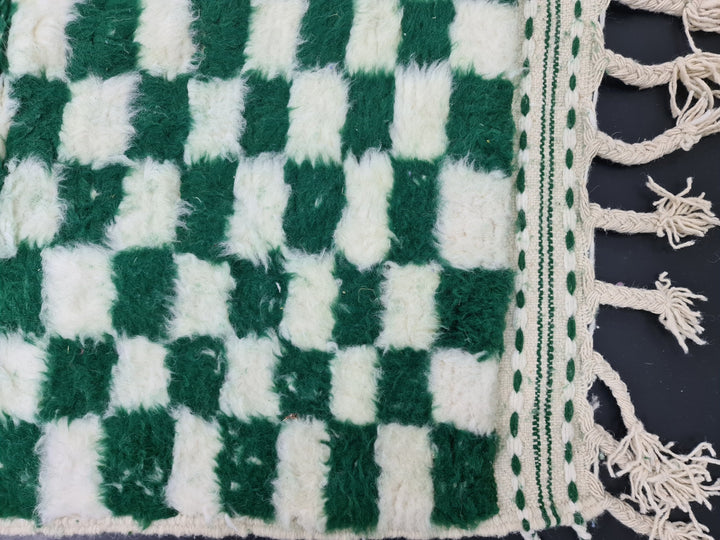 Beni Ourain Rug  Checkered Rug Moroccan White and Green Carpet Handmade Authentic Carpet Sheep Wool Rug Berber Rug  Tapis Marocain