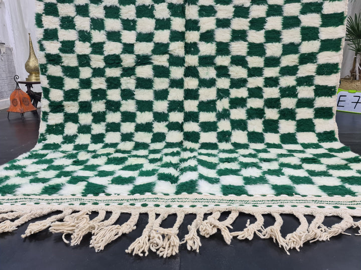 Beni Ourain Rug  Checkered Rug Moroccan White and Green Carpet Handmade Authentic Carpet Sheep Wool Rug Berber Rug  Tapis Marocain