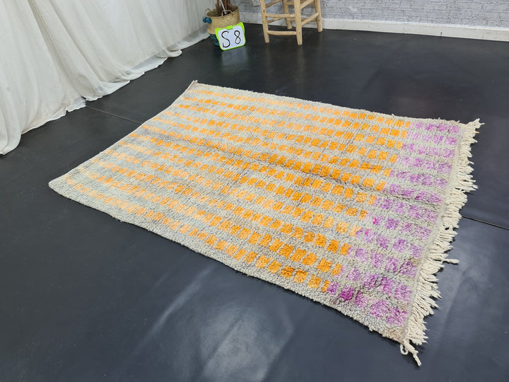 Tribal Moroccan Rug, Handmade Boujaad Rug, Gray and Orange Rug, Check Carpet, Moroccan Area Rug, Berber Carpet, Bohemian Rug.