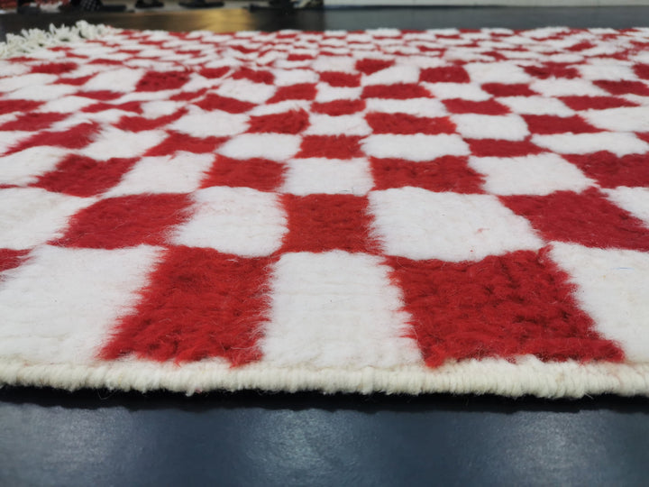 Beni Ourain Rug, Moroccan Rug, Sheep Wool Rug, Checkered Rug, Authentic Carpet, Red and White Rug, Handmade Rug, Berber Rug, Bohemian Rug