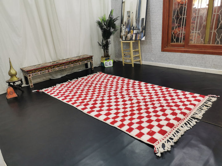 Beni Ourain Rug, Moroccan Rug, Sheep Wool Rug, Checkered Rug, Authentic Carpet, Red and White Rug, Handmade Rug, Berber Rug, Bohemian Rug