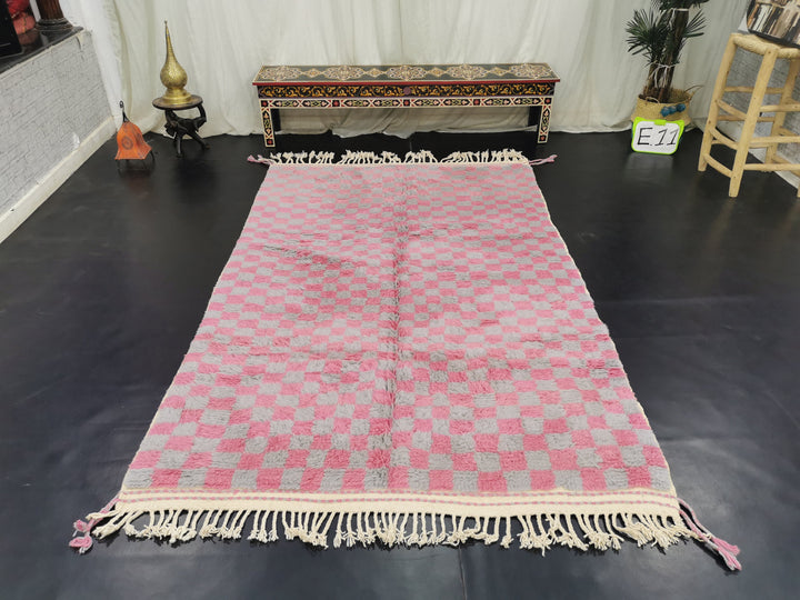 Authentic Beni Ourain Rug, Moroccan Handmade Carpet, Pink and Gray Rug, BerberWool Rug, Sheep Wool Rug, Checker Rug, Tapis berbere,