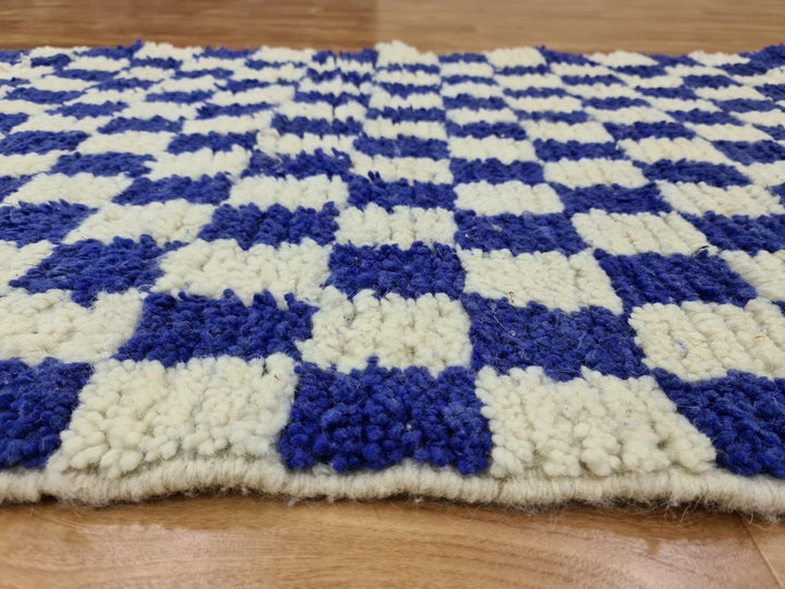 . feet . feet new Moroccan Berber shaggy runner rug Blue and white Wool Checkered runner rug